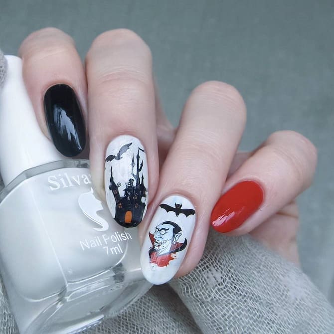 Маникюр с привидениями летучих мышей на Хэллоуин