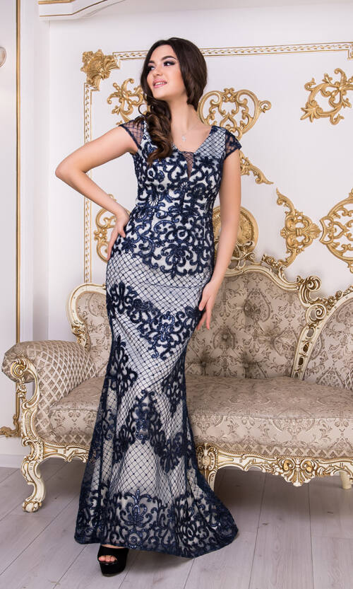 Вечірня сукня Гіпюр Паєтка 9005 Синя