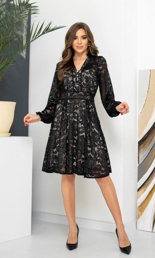 Черное Коктейльное Платье Ажурный Гипюр 22014