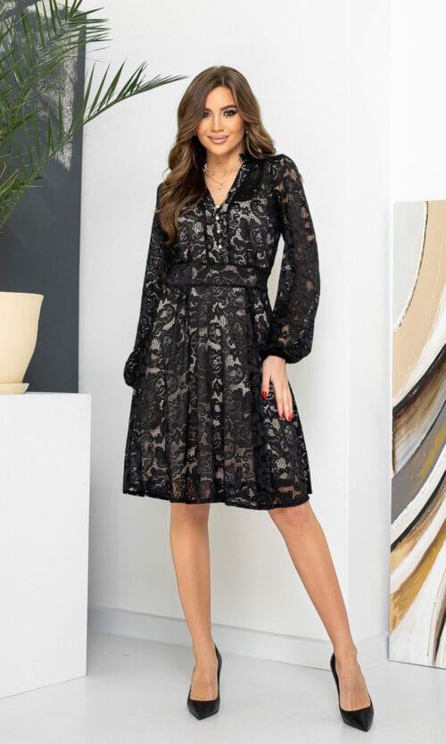Черное Коктейльное Платье Ажурный Гипюр 22014