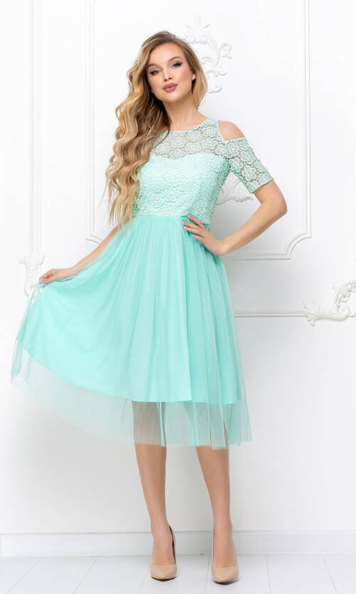 Коктейльна Сукня Гіпюр Сітка 8064 М'ятна