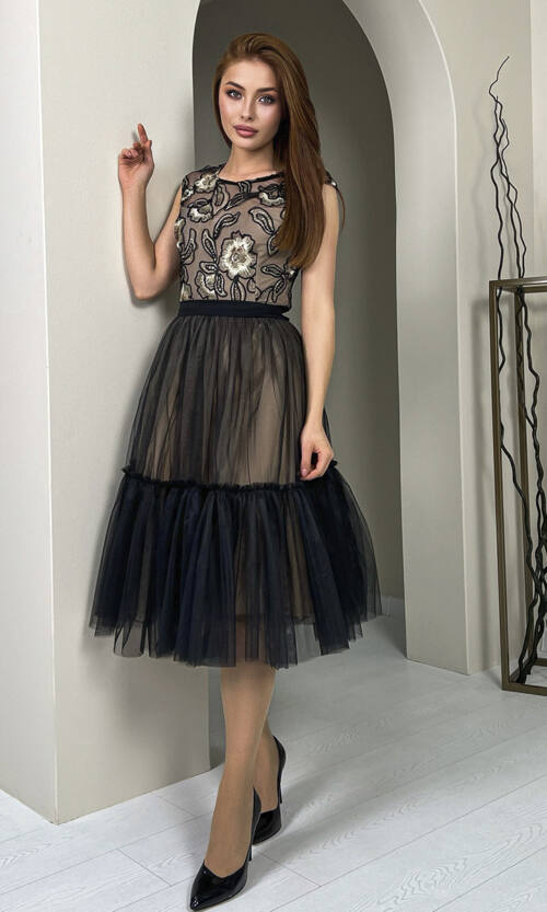 Коктейльна Сукня Вишиика 23027 Чорно Бежева