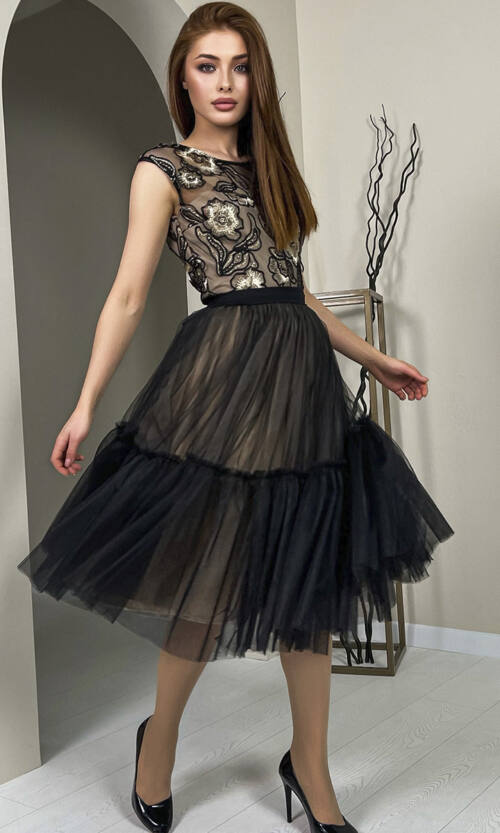 Коктейльна Сукня Вишиика 23027 Чорно Бежева