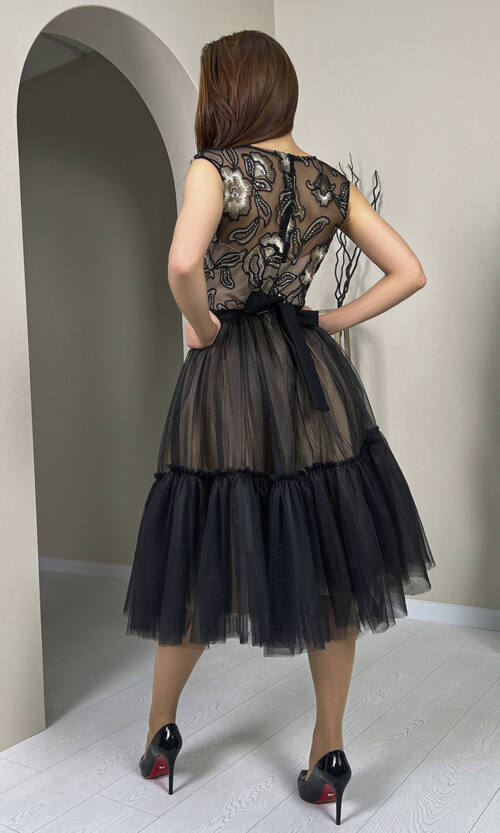 Коктейльна Сукня Вишиика 23027 Чорно Бежева