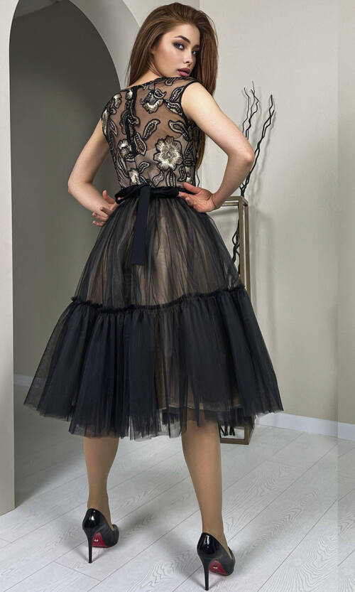 Коктейльна Сукня Вишиика 23027 Чорно Бежева