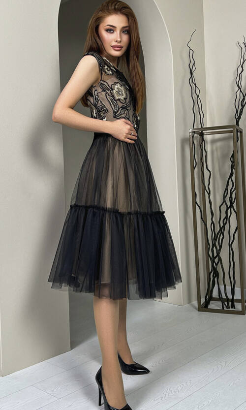 Коктейльна Сукня Вишиика 23027 Чорно Бежева