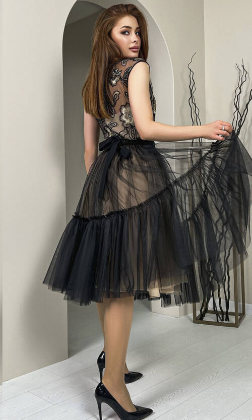 Коктейльна Сукня Вишиика 23027 Чорно Бежева