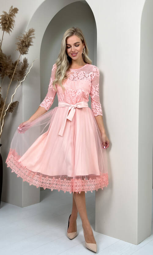 Коктейльна Сукня Гіпюр Сітка 20194 Рожева