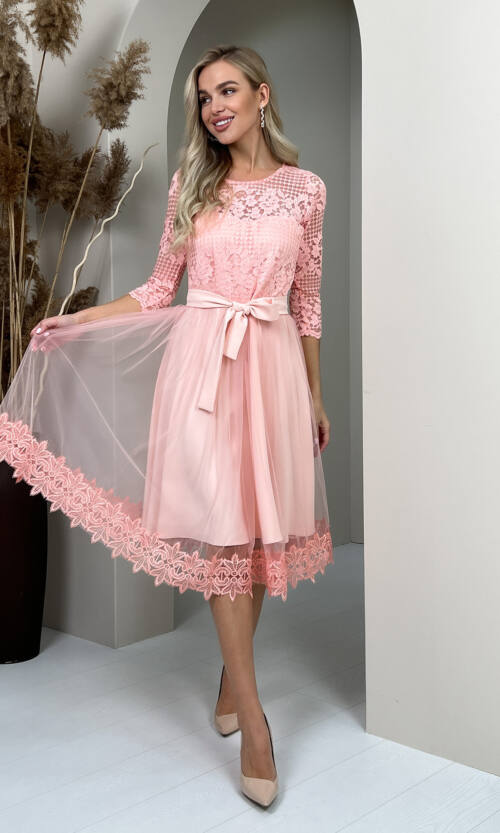 Коктейльна Сукня Гіпюр Сітка 20194 Рожева