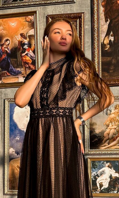 Бежеве мереживне плаття сітка нижче коліна