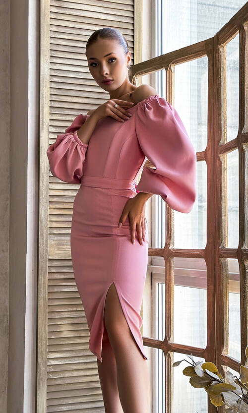 Коктейльна Сукня Відкриті Плечі 23001 Рожева