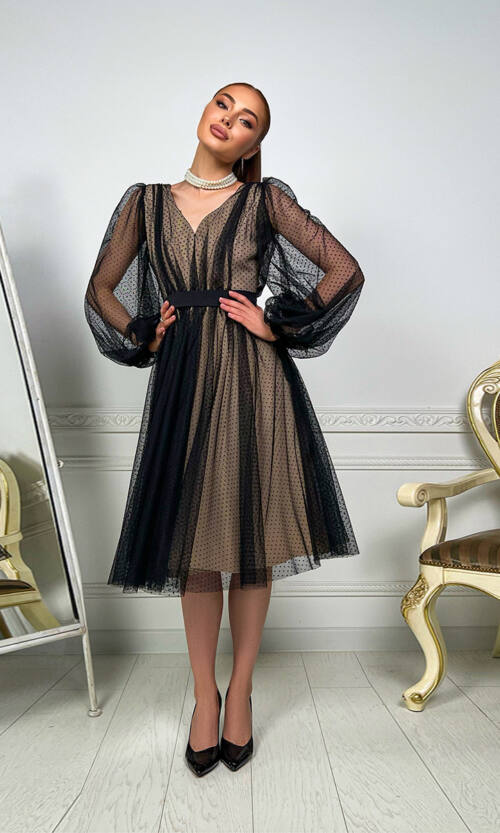 Коктейльна Сукня Сітка 23025 Чорна Бежева