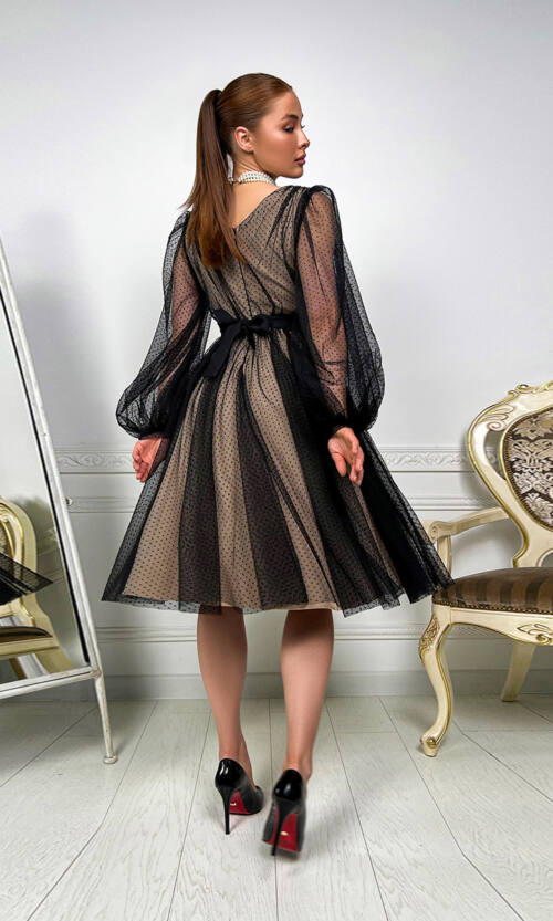 Коктейльна Сукня Сітка 23025 Чорна Бежева