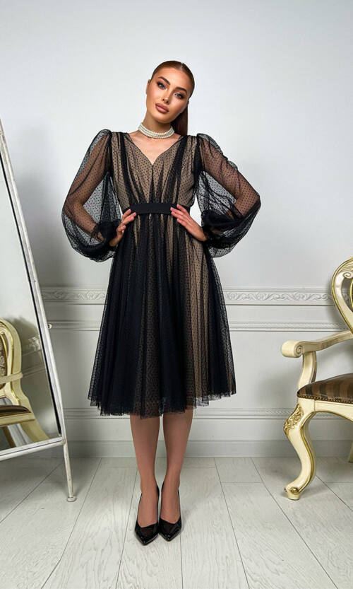 Коктейльна Сукня Сітка 23025 Чорна Бежева