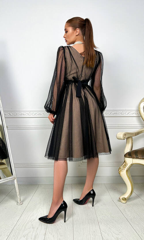 Коктейльна Сукня Сітка 23025 Чорна Бежева