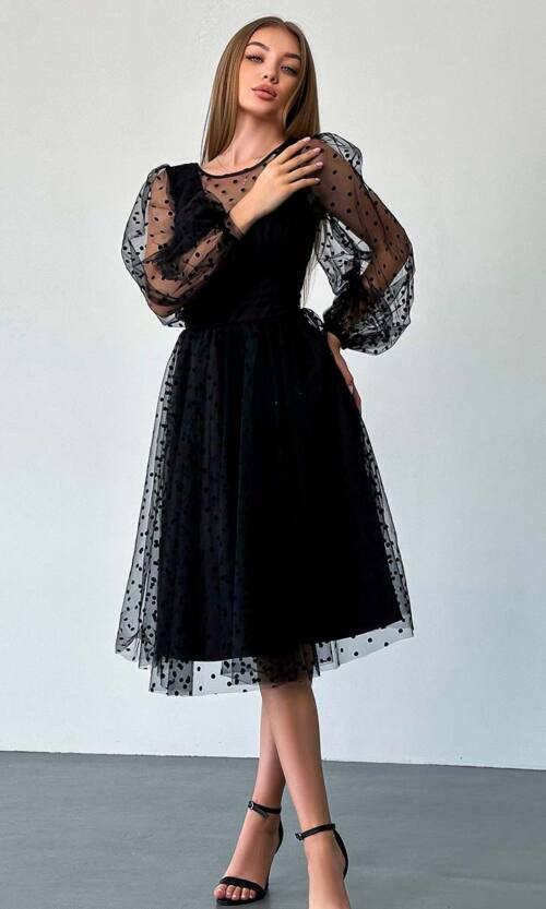 Коктейльна Сукня Сітка Флок 23065 Чорний