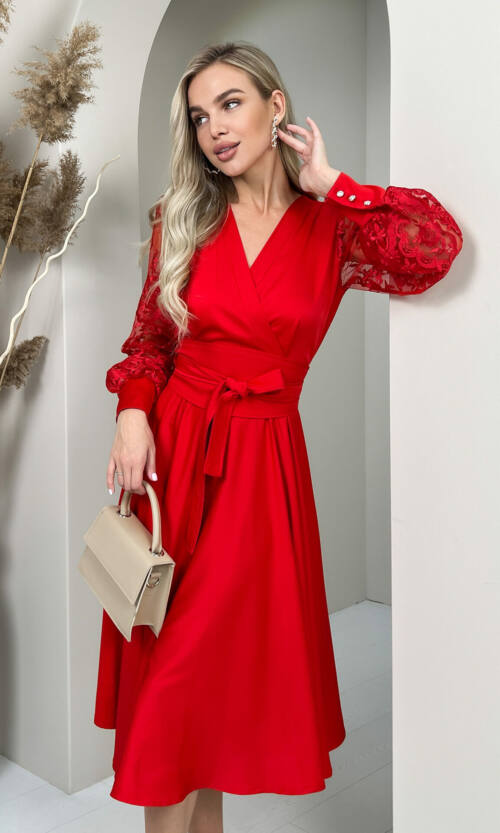 Коктейльна Сукня Рукав Вишивка 22082 Червона