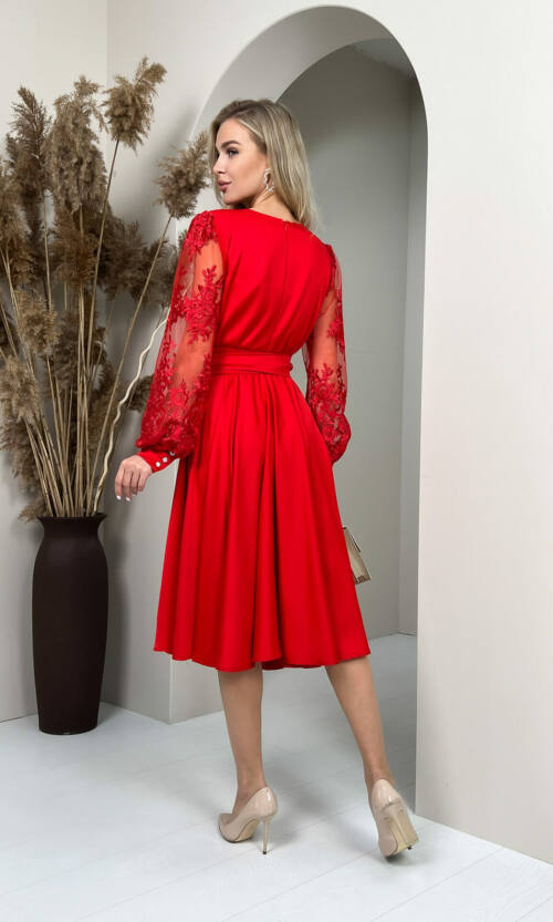 Коктейльна Сукня Рукав Вишивка 22082 Червона