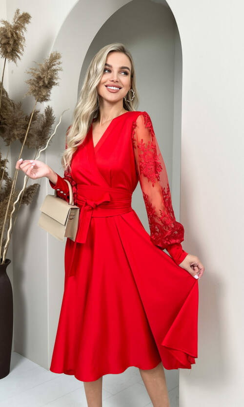 Коктейльна Сукня Рукав Вишивка 22082 Червона