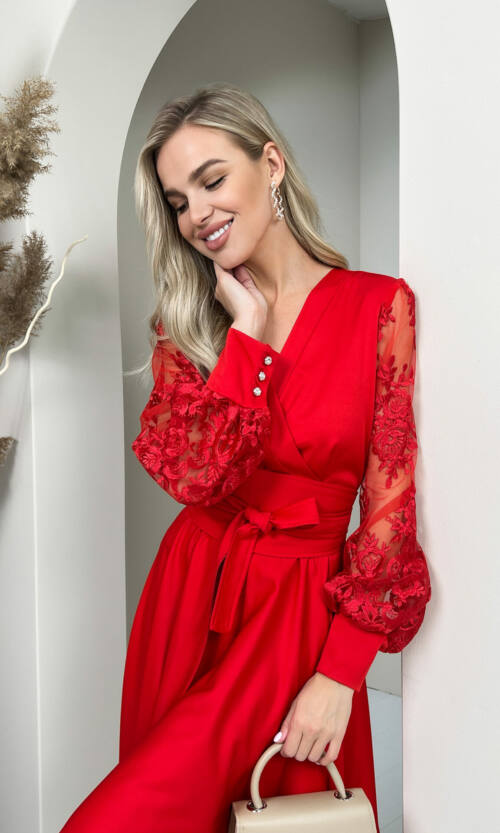 Коктейльна Сукня Рукав Вишивка 22082 Червона