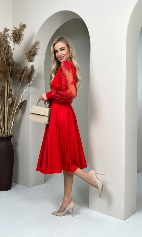 Коктейльна Сукня Рукав Вишивка 22082 Червона