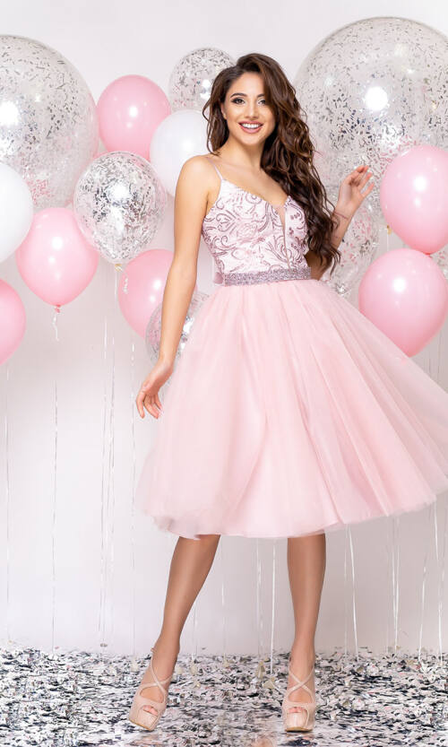 Коктейльное Платье Атлас Пайетка 20009 Розовое