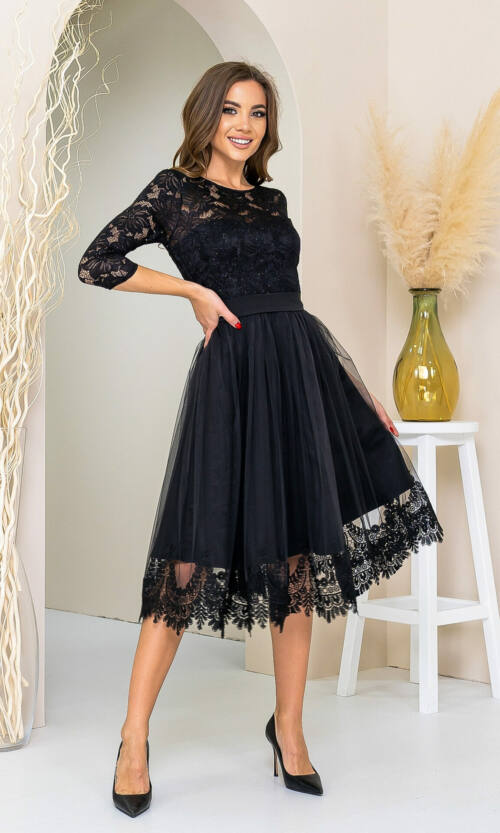 Коктейльна Сукня Гіпюр Мереживо 21098 Чорна