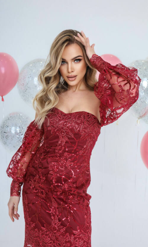 Коктейльна Сукня Гіпюр Корсет 22006 Бордова