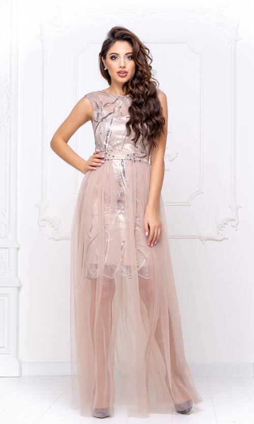 Коктейльна Сукня Атлас Вишивка 20028 Бежева