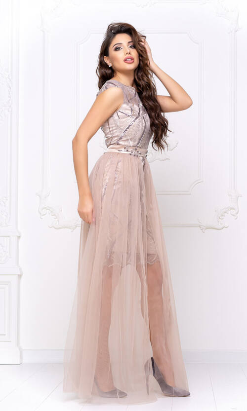 Коктейльна Сукня Атлас Вишивка 20028 Бежева