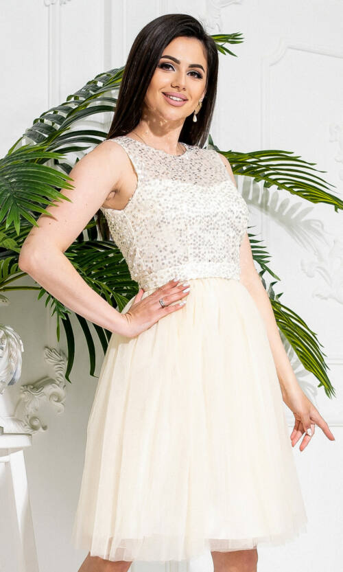 Коктейльное Платье Сетка Пайетка 20042 Бежевое