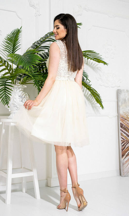 Коктейльное Платье Сетка Пайетка 20042 Бежевое