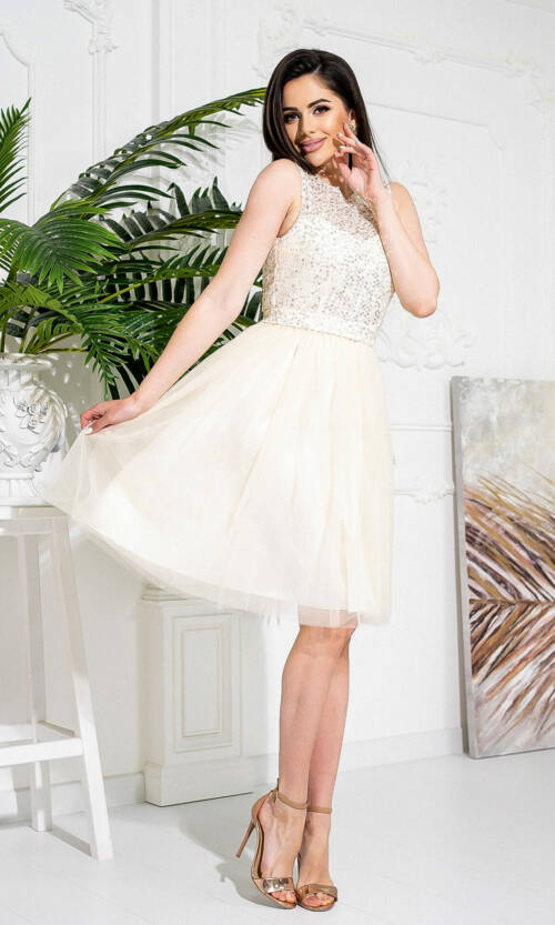 Коктейльное Платье Сетка Пайетка 20042 Бежевое