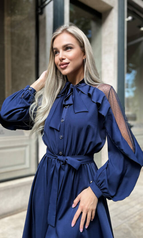 Коктейльна Сукня Атлас Шовк 22075 Синя