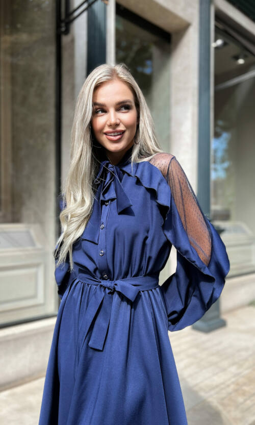 Коктейльна Сукня Атлас Шовк 22075 Синя