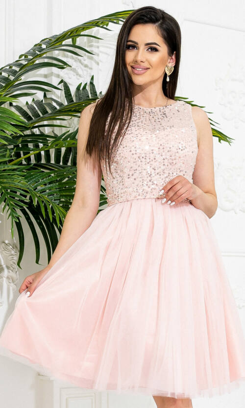 Коктейльна Сукня Сітка Паєтка 20042 Рожева