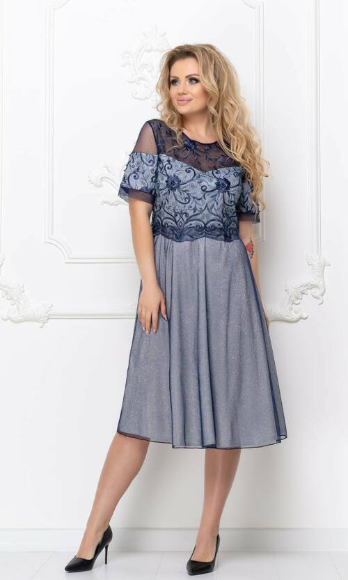 Коктейльное платье Люрекс Вышивка 20052 Синее