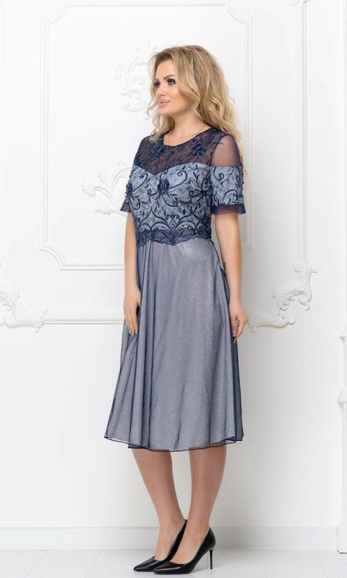 Коктейльное платье Люрекс Вышивка 20052 Синее