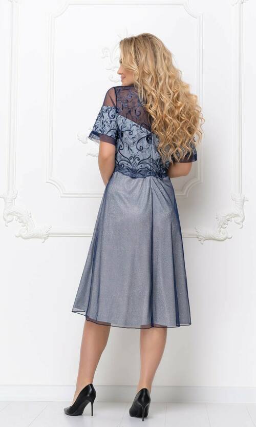 Коктейльное платье Люрекс Вышивка 20052 Синее