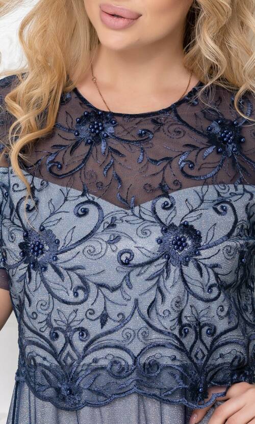 Коктейльное платье Люрекс Вышивка 20052 Синее