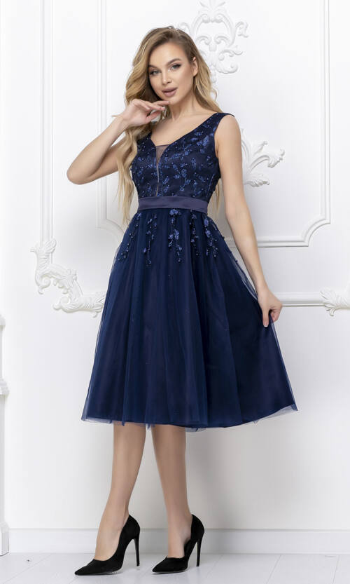Коктейльное Платье Атлас Сетка 20057 Синее