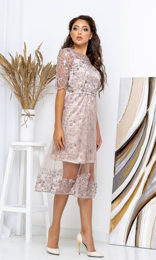 Коктейльна Сукня Сітка Вишивка 20140 Бежева