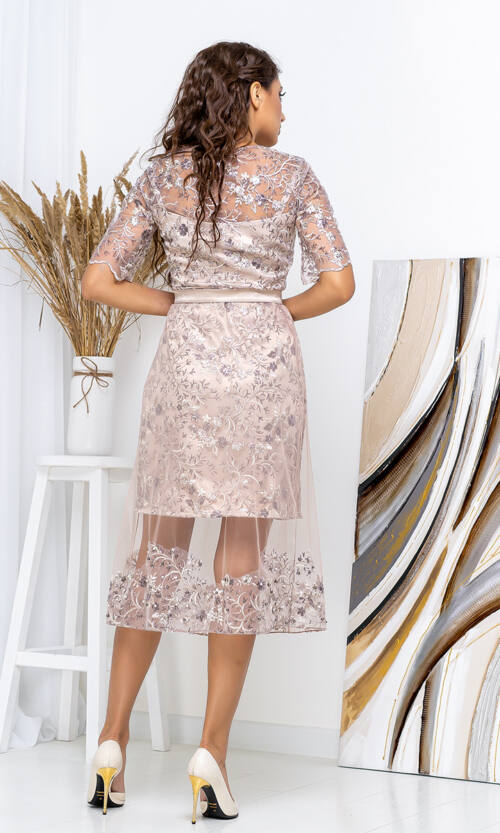 Коктейльна Сукня Сітка Вишивка 20140 Бежева