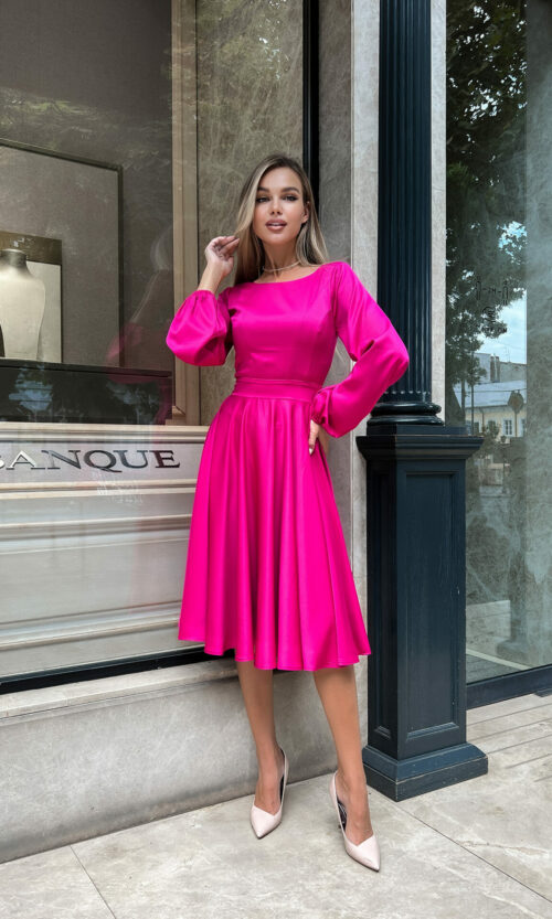 Фуксия Коктейльное Платье Атлас Шелк 22070