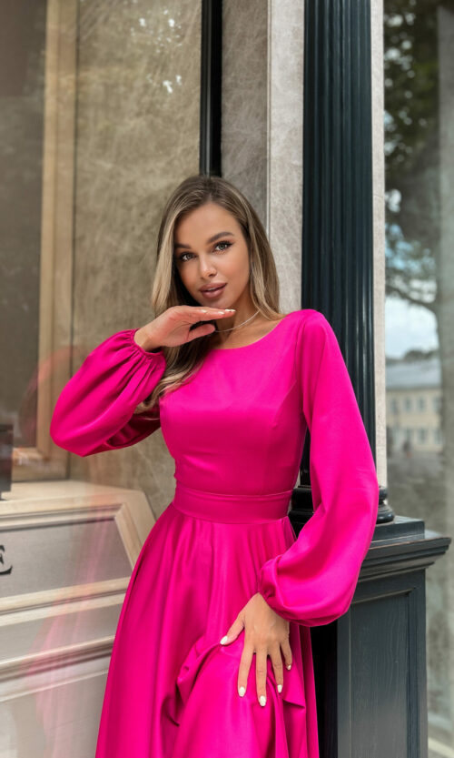 Фуксия Коктейльное Платье Атлас Шелк 22070