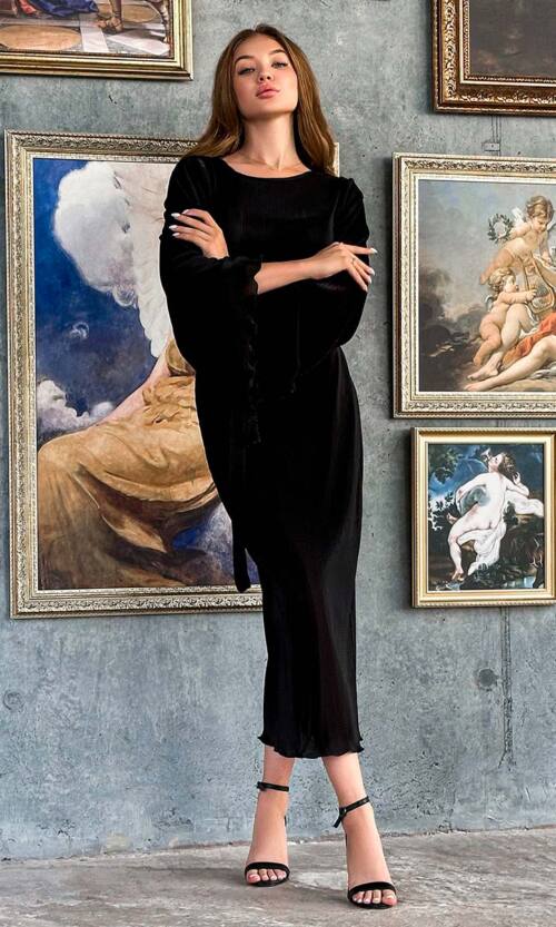 Коктейльна Сукня Гофре Міді 23060 Чорна