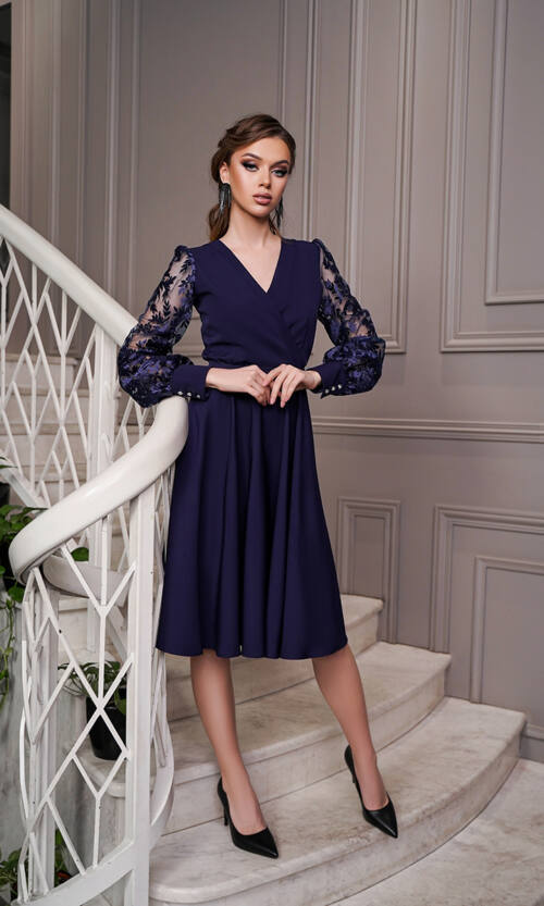 Коктейльна Сукня Рукава Вишивка 22088 Синя