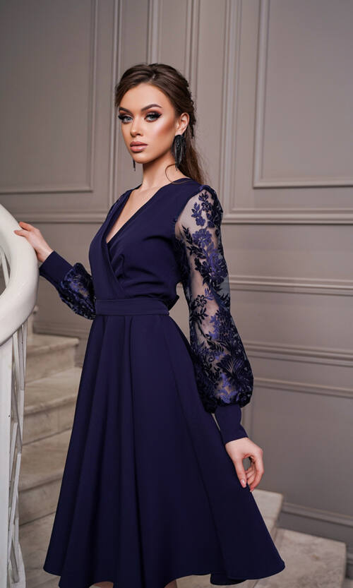 Коктейльна Сукня Рукава Вишивка 22088 Синя