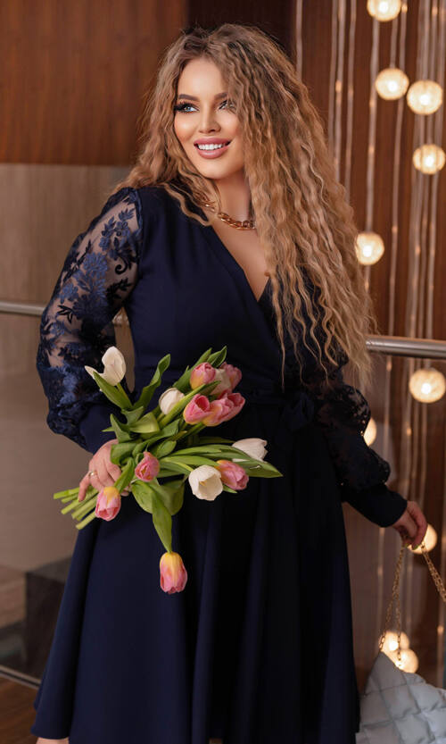 Коктейльна Сукня Рукава Вишивка 22088 Синя