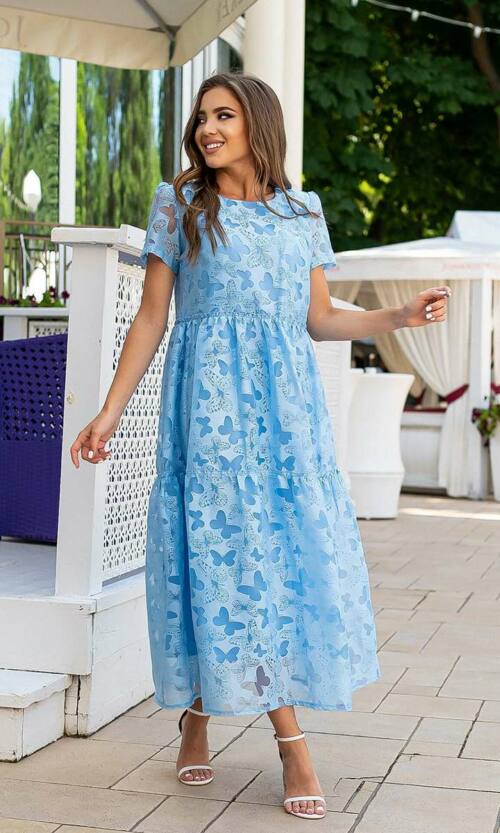 Летнее Платье Лен Органза 21096 Голубое
